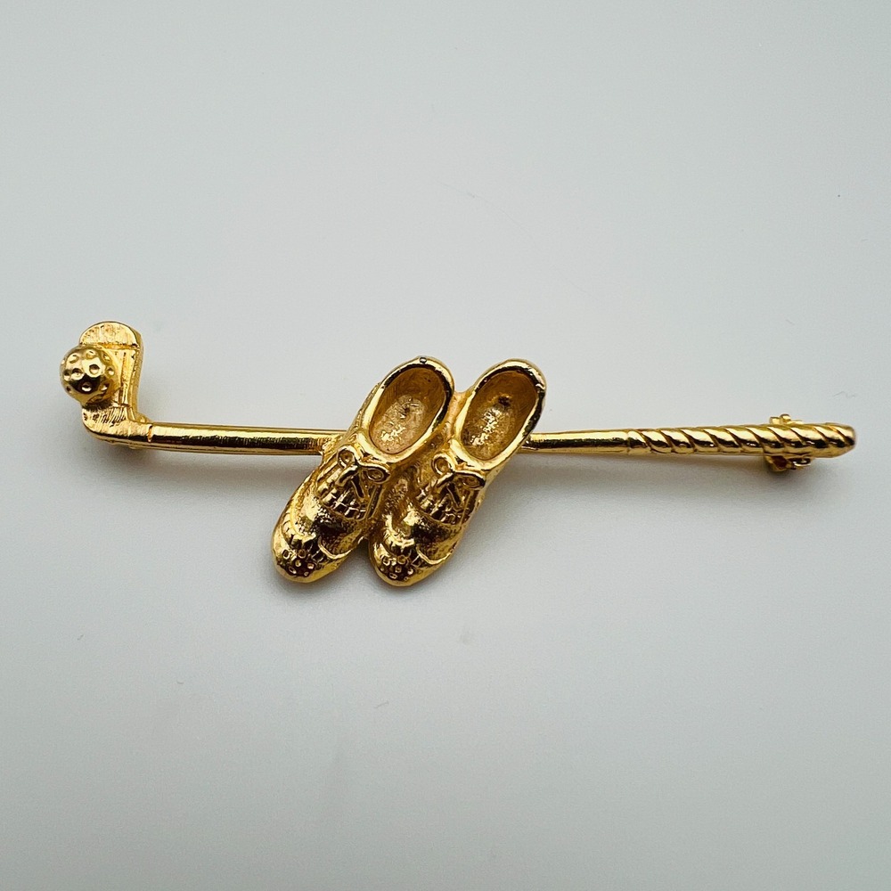 Paquette Golf Brooch Club Shoes Bar Gold Tone Vintage Signed Mens Womens Pin